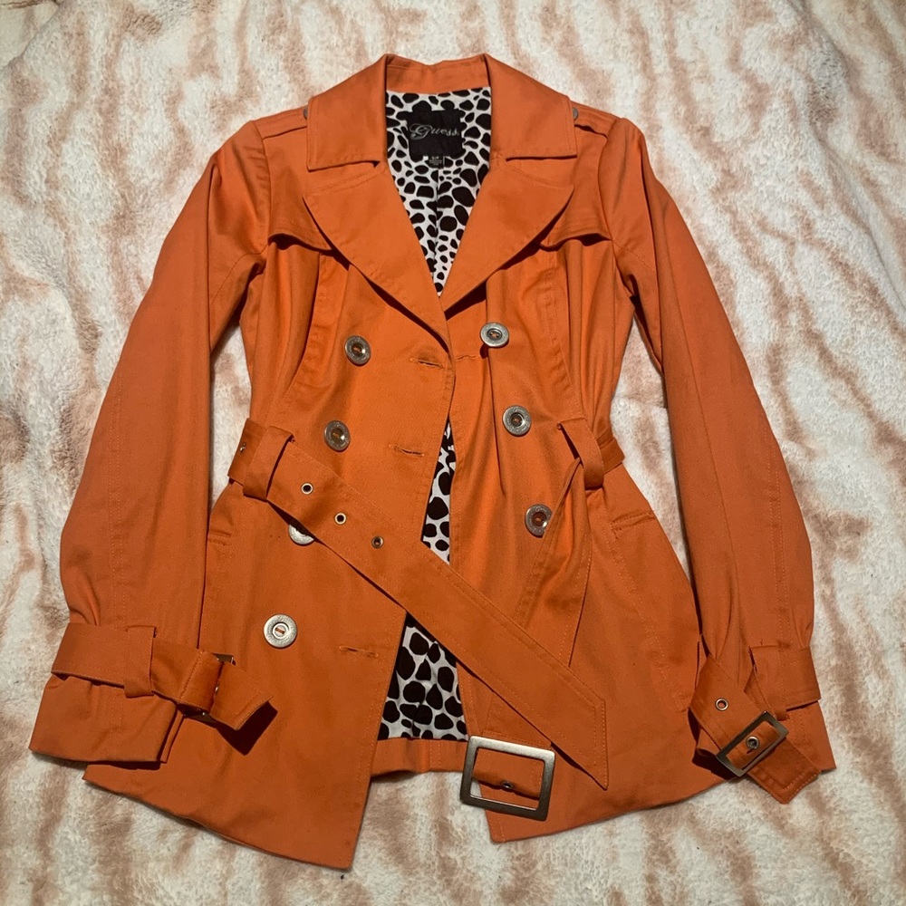 GUESS Orange Retro Coat with Leopard Lining